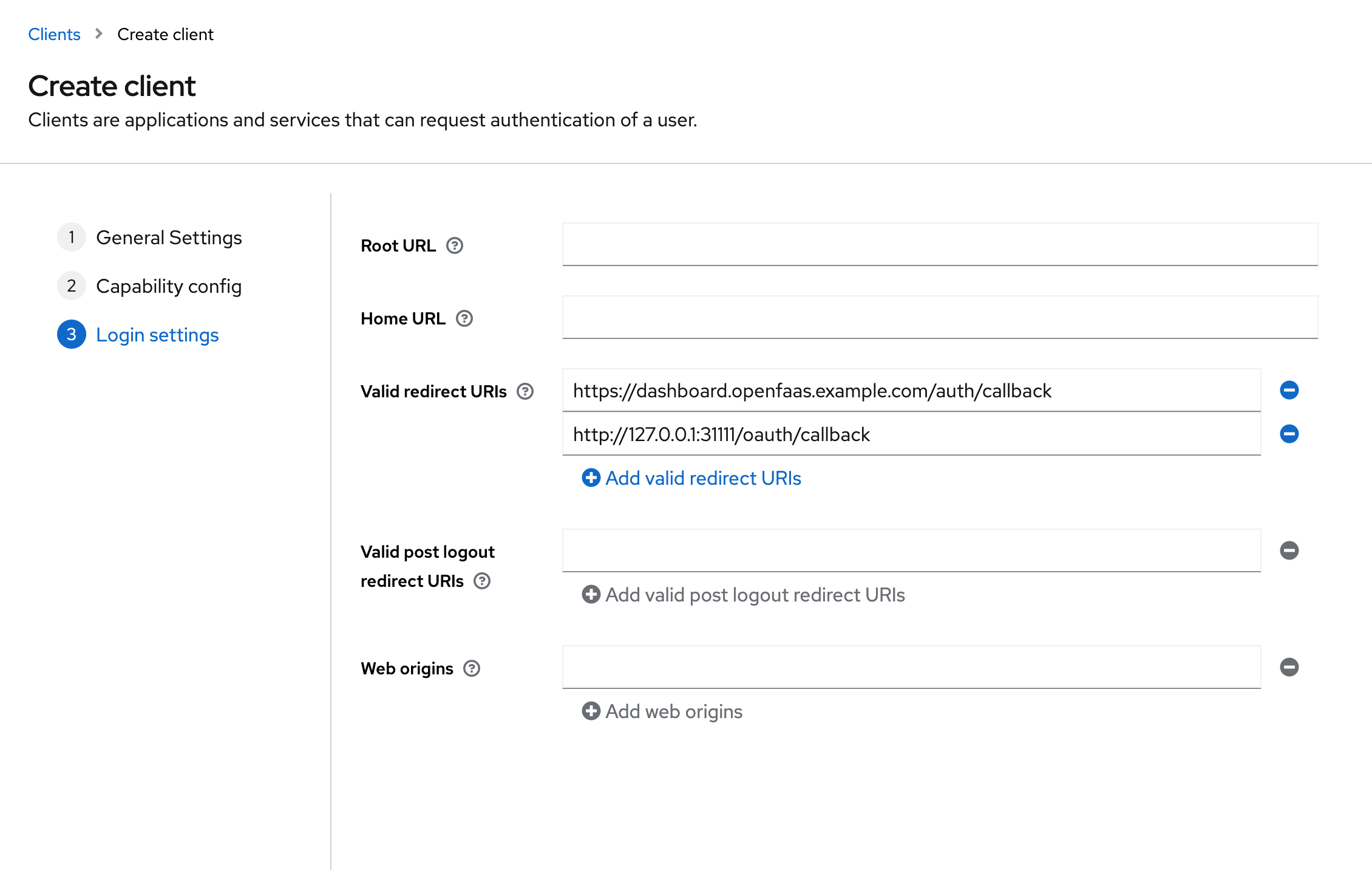Keycloak client allowed redirect url settings